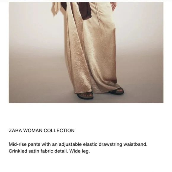 Zara Zw Collection Gold Satin Wide Leg Flowy Pants With Elastic Waist Sz-M - Picture 8 of 8